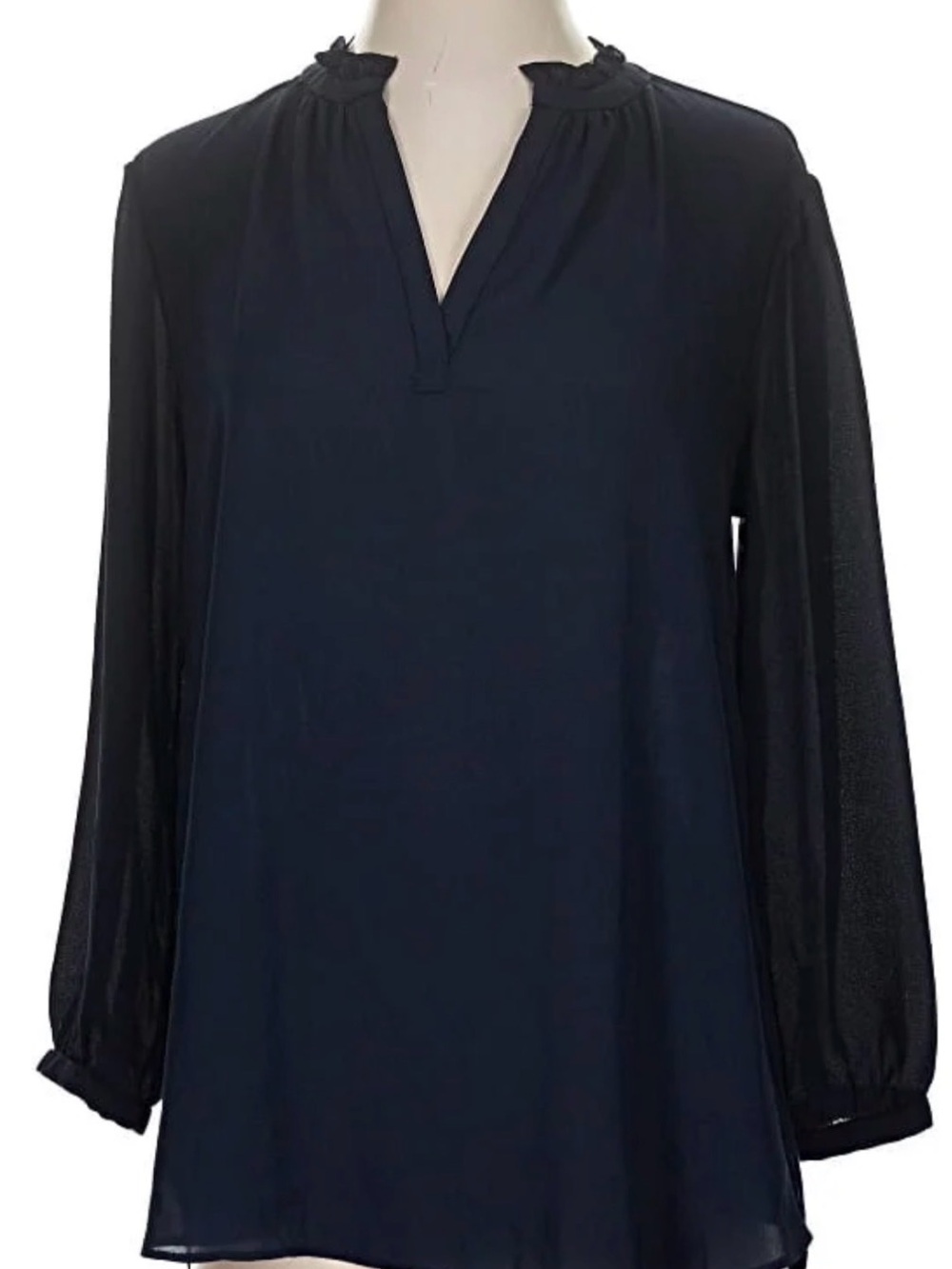 LOFT Navy Ruffle-Trim Split-Neck Blouse